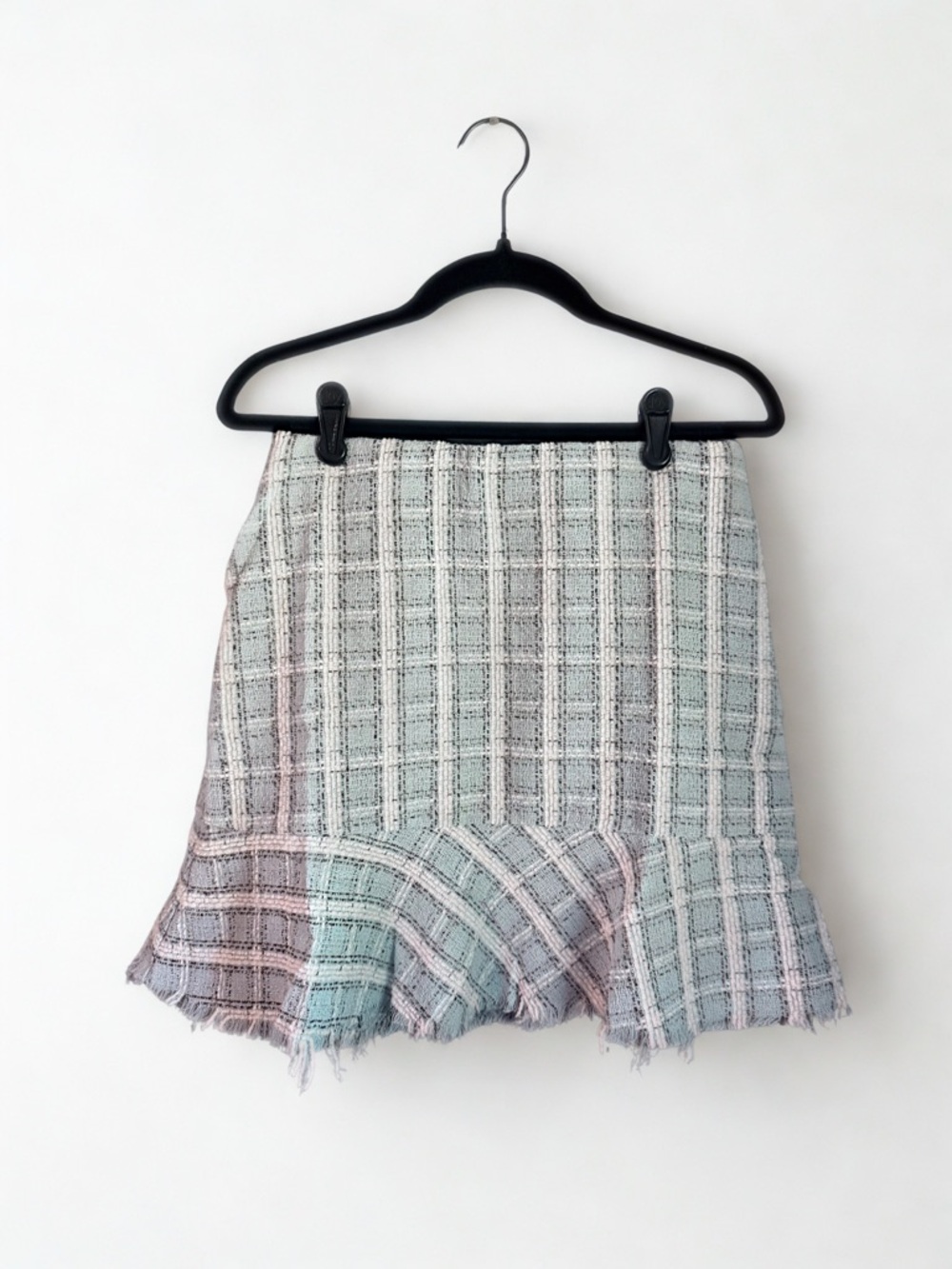 Umgee Pastel Plaid Tweed Skirt Frayed Hem